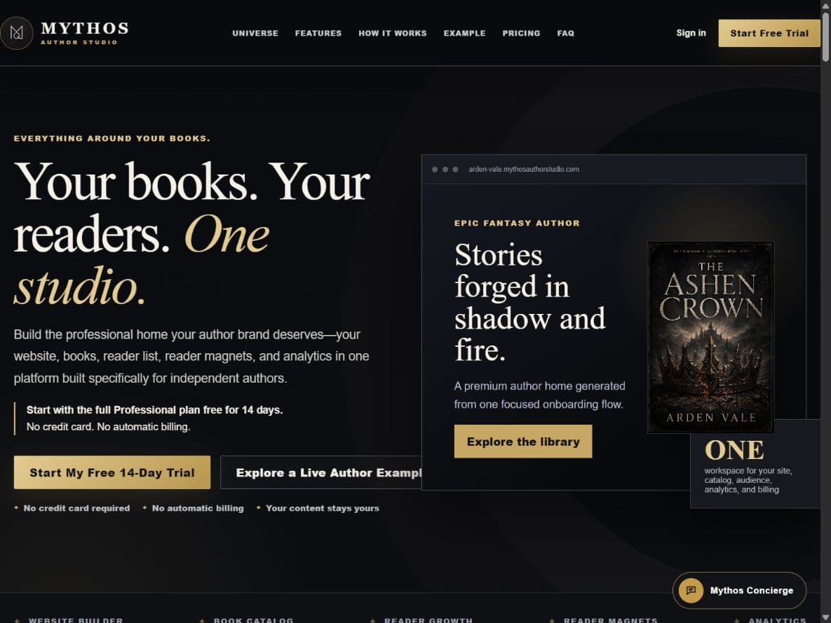 Live homepage for Mythos Author Studio