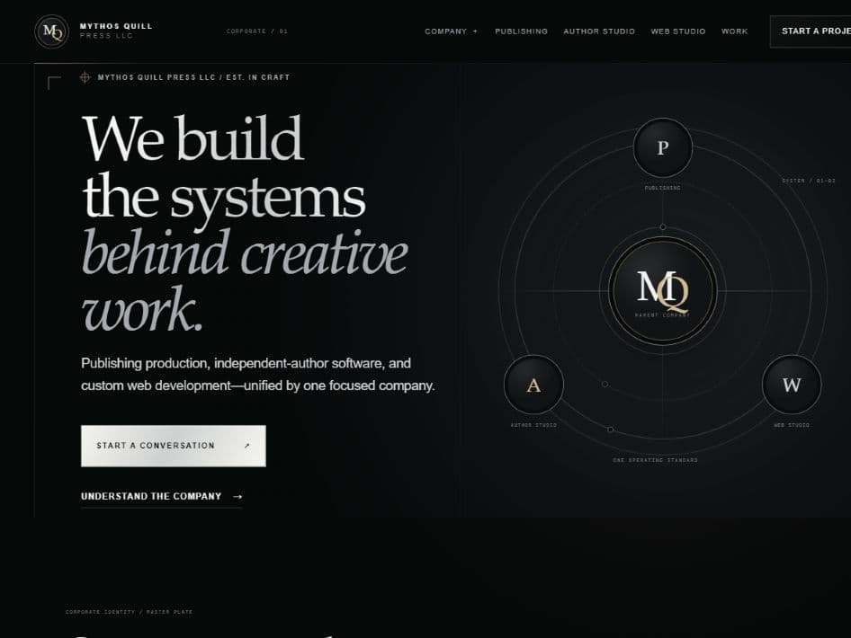 Live homepage for Mythos Quill Press LLC
