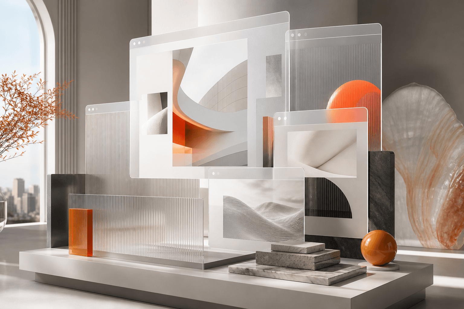 Layered responsive interface surfaces showing the breadth of Mythos web design capabilities